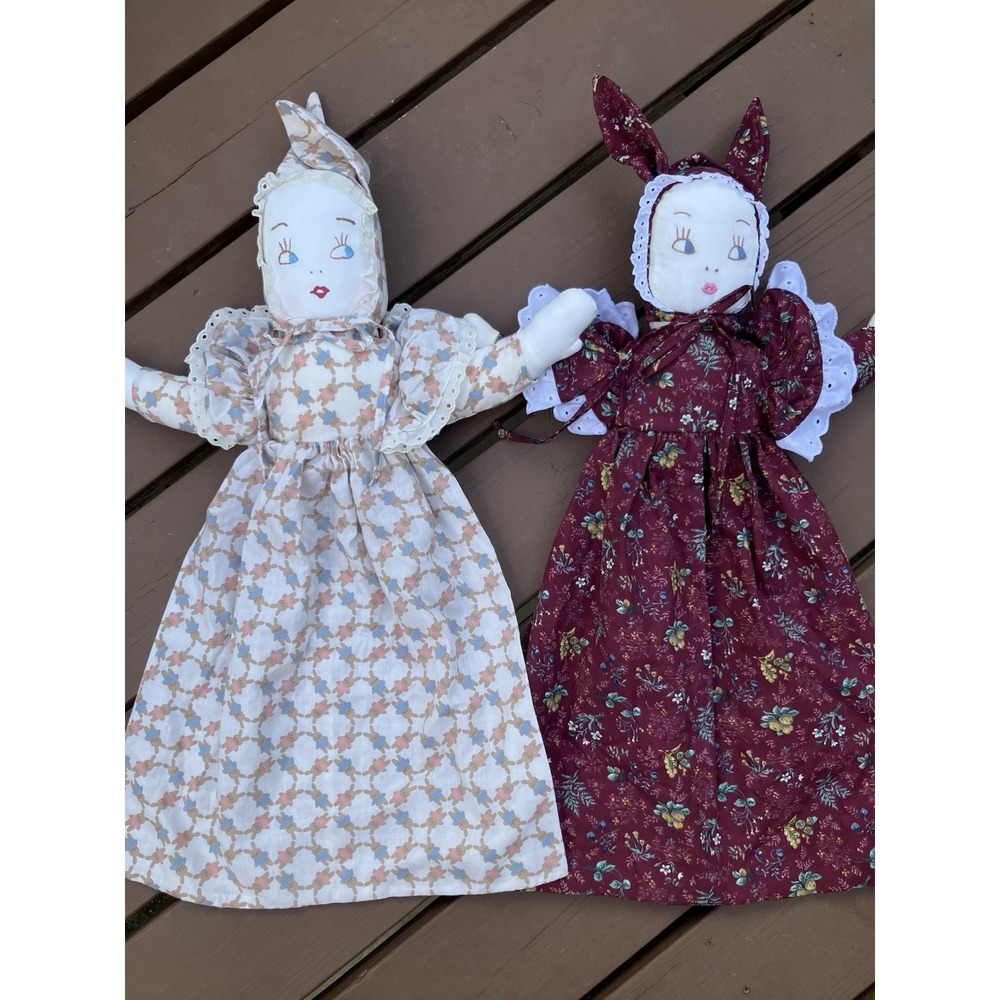 Set of 2 Handmade Cloth Rag Dolls Primitive Bunny Bonnet Shelf Sitters 26"